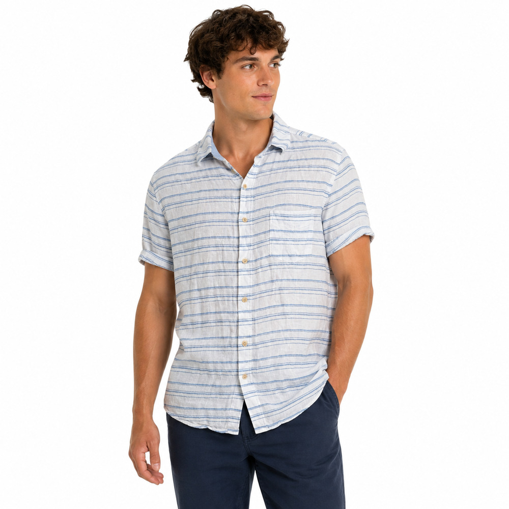 Ben Sherman Linen Blend White Blue Striped Casual Button Up Shirt Short Sleeve M